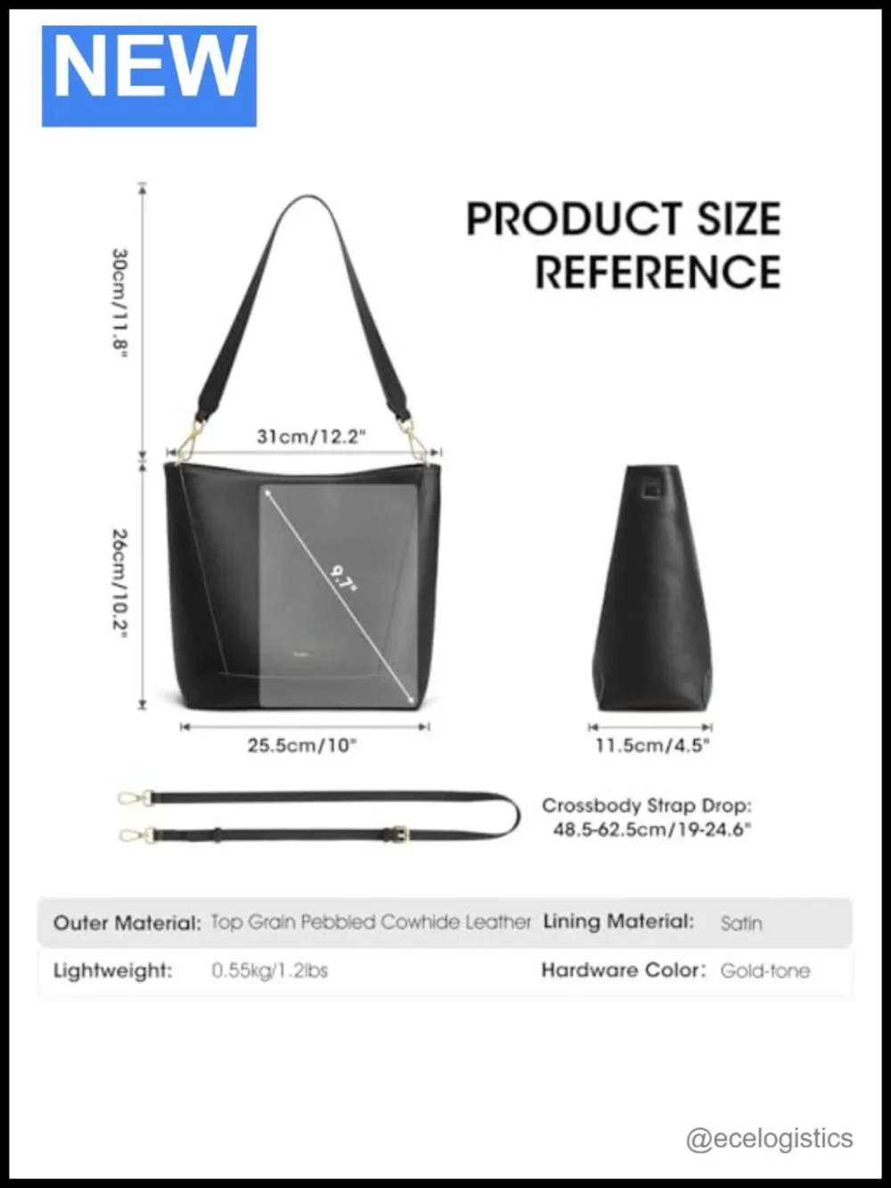Top Grain Leather Bucket Bag Women Tote Shoulder Crossbody 2 Straps
